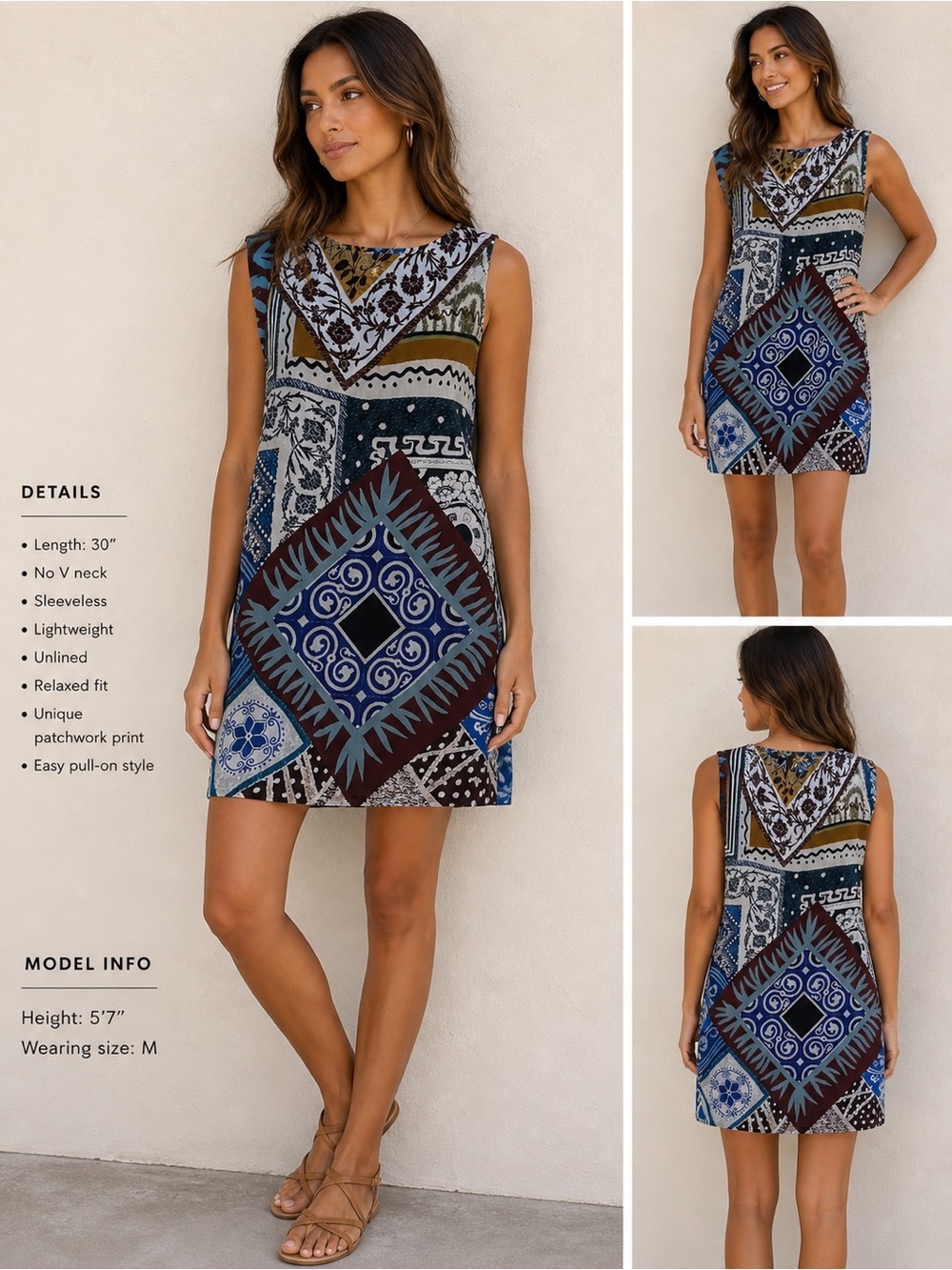 Fuzzi Patchwork Print Sleeveless Mini Dress EU 40 Boho Abstract Shift Dress